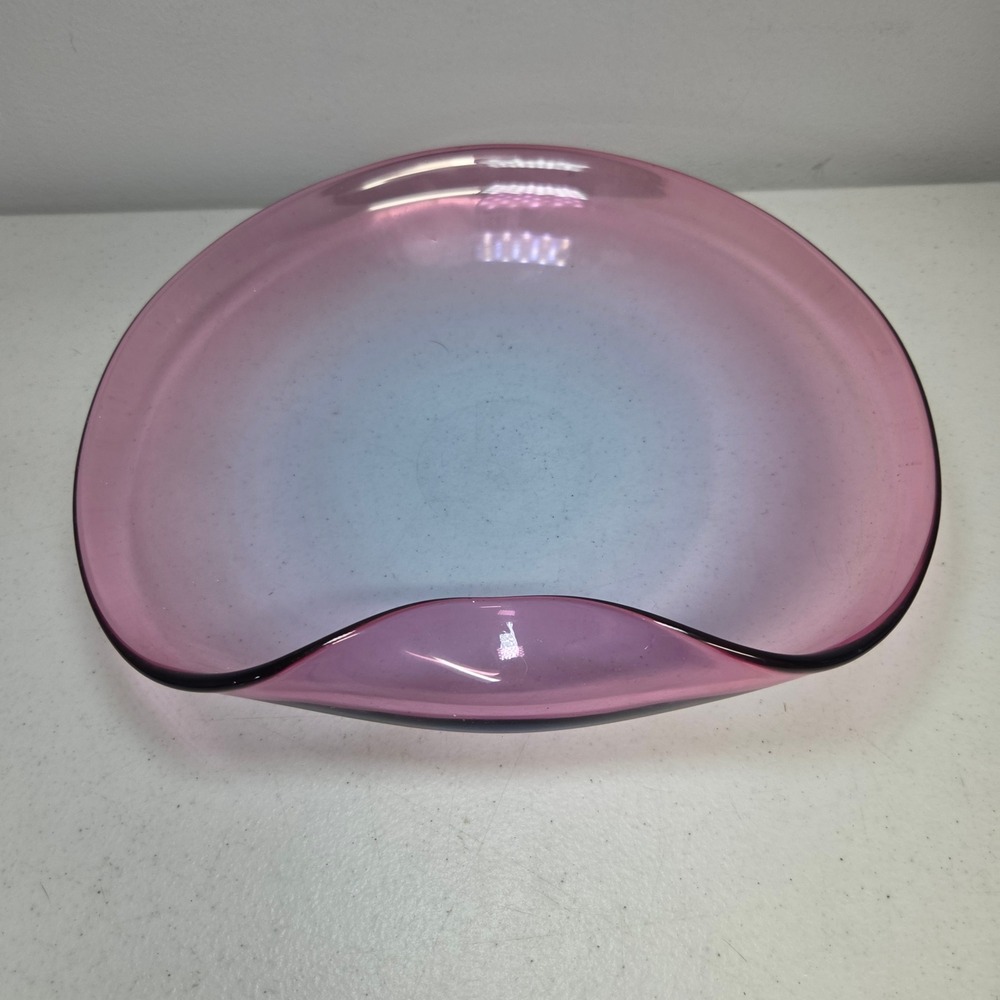 Art Glass Bowl Purple Folded Rim 12 Inch Vintage Large Shallow Centerpiece